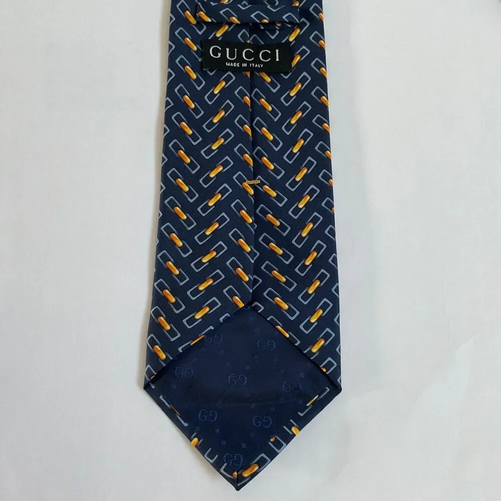 VTG Gucci Silk Tie Chain Link Geometric Navy Blue Orange Italy Luxury Classic